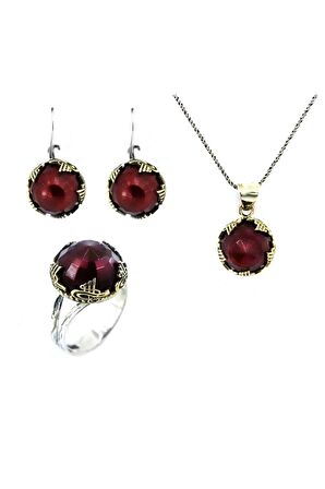 Yakut Taşlı Tuğra Motifli Yuvarlak Otantik Üçlü Set