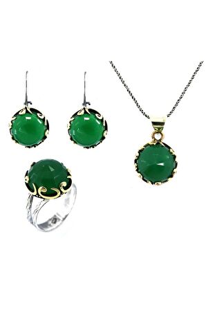 Zümrüt Taşlı Yuvarlak Otantik Gümüş Üçlü Set