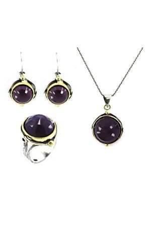 925 Ayar Ametist Taşı Otantik Gümüş Üçlü Set