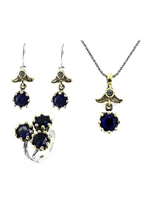 925 Ayar Safir Taşlı Otantik Gümüş Üçlü Set