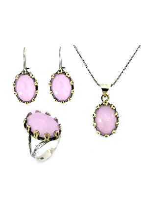 925 Ayar Pembe Kuvars Taşlı Otantik Gümüş Üçlü Set