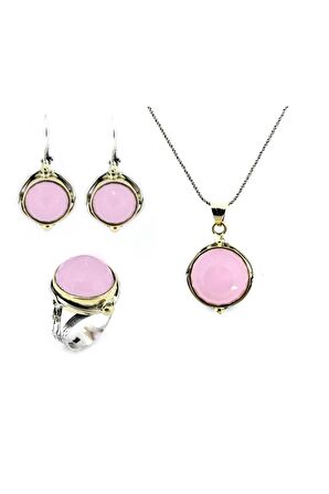 925 Ayar Pembe Kuvars Taşlı Otantik Gümüş Üçlü Set