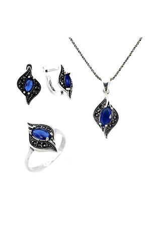 925 Ayar Safir Taşlı Markazit Gümüş Üçlü Set