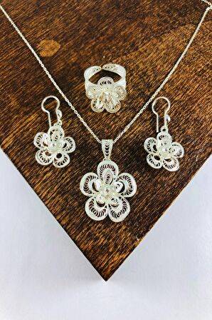 El Işi Çiçek Motifli Telkari Üçlü Set