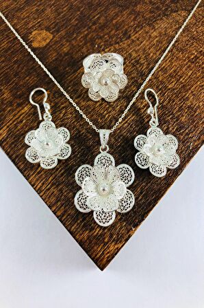 El Işi Çiçek Motifli Telkari Üçlü Set