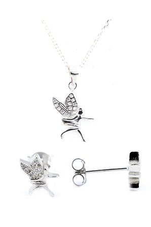 Peri Motifli Zirkon Taşlı Gümüş Ikili Set