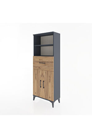 Arges Dolap 3 Raflı Tek Çekmeceli 2 Kapaklı 60x30x163 Antrasit-Çam