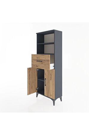 Arges Dolap 3 Raflı Tek Çekmeceli 2 Kapaklı 60x30x163 Antrasit-Çam