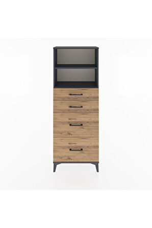 Arges Dolap 2 Raflı 4 Çekmeceli 60x30x163 Antrasit-Çam