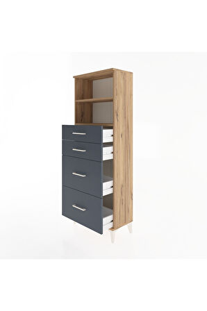 Arges Dolap 2 Raflı 4 Çekmeceli 60x30x163 Çam-Antrasit