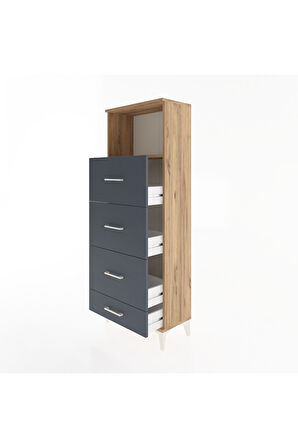 Arges Dolap Tek Raflı 4 Çekmeceli 60x30x163 Çam-Antrasit