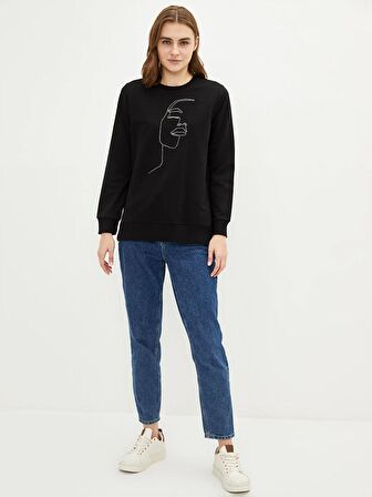 Bisiklet Yaka Baskılı Uzun Kollu Kadın Sweatshirt