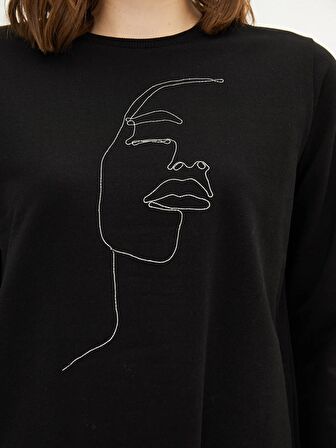 Bisiklet Yaka Baskılı Uzun Kollu Kadın Sweatshirt