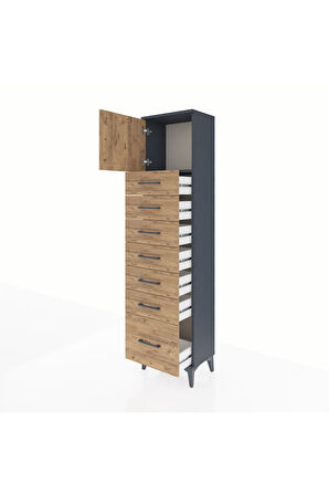 Arges Dolap Tek Raflı 7 Çekmeceli Tek Kapaklı 44x30x182 Antrasit-Çam