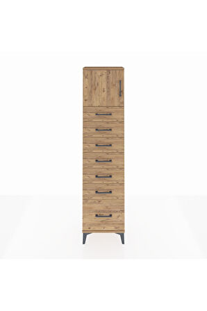 Arges Dolap Tek Raflı 7 Çekmeceli Tek Kapaklı 44x30x182 Çam-Çam