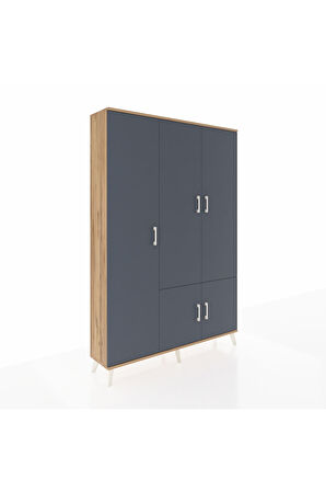 Arges Dolap 7 Raflı 5 Kapaklı Tek Askılı 132x30x195 Çam-Antrasit/Aytaşı