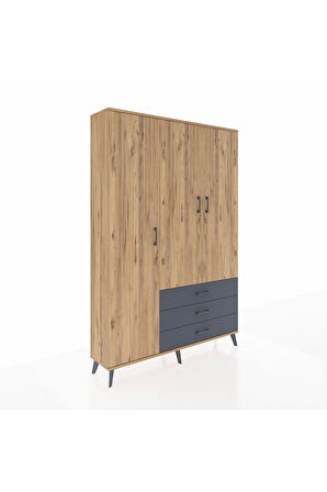 Arges Dolap 6 Raflı 3 Çekmeceli Tek Askılı 132x30x195 Çam-Çam/Antrasit
