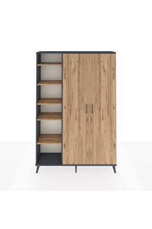 Arges Dolap 7 Raflı 2 Kapaklı Tek Askılı 132x30x195 Antrasit-Çam/Çam