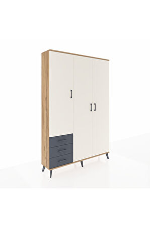 Arges Dolap 6 Raflı 3 Çekmeceli Tek Askılı 132x30x195 Çam-Aytaşı/Antrasit