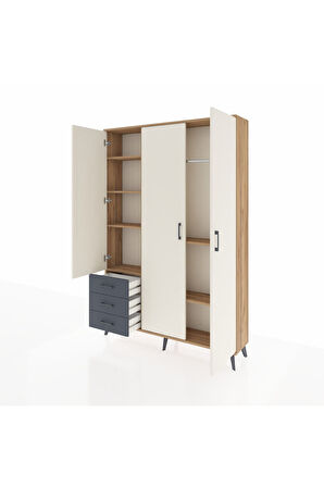 Arges Dolap 6 Raflı 3 Çekmeceli Tek Askılı 132x30x195 Çam-Aytaşı/Antrasit