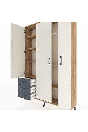 Arges Dolap 6 Raflı 3 Çekmeceli Tek Askılı 132x30x195 Çam-Aytaşı/Antrasit