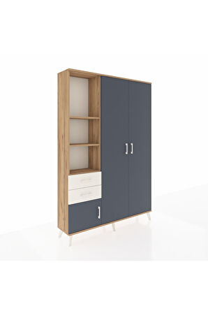 Arges Dolap 5 Raflı 2 Çekmeceli Tek Askılı 132x30x195 Çam-Antrasit/Aytaşı
