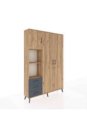 Arges Dolap 6 Raflı 3 Çekmeceli Tek Askılı 132x30x195 Çam-Çam/Antrasit