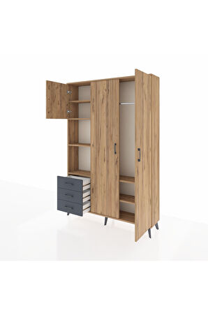 Arges Dolap 6 Raflı 3 Çekmeceli Tek Askılı 132x30x195 Çam-Çam/Antrasit