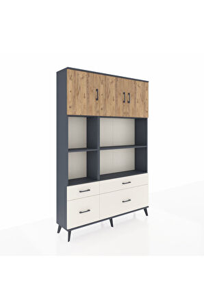 Arges Dolap 8 Raflı 4 Çekmeceli 3 Kapaklı 132x30x195 Antrasit-Çam/Aytaşı