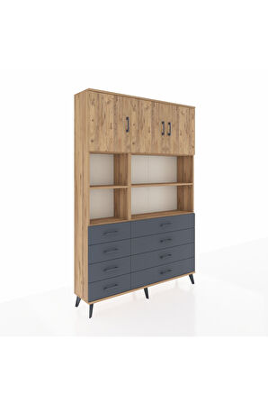 Arges Dolap 8 Raflı 8 Çekmeceli 3 Kapaklı 132x30x195 Çam-Çam/Antrasit
