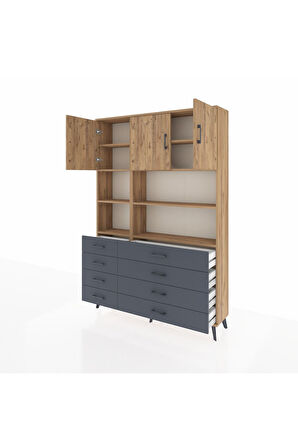 Arges Dolap 8 Raflı 8 Çekmeceli 3 Kapaklı 132x30x195 Çam-Çam/Antrasit