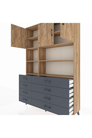 Arges Dolap 8 Raflı 8 Çekmeceli 3 Kapaklı 132x30x195 Çam-Çam/Antrasit