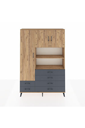 Arges Dolap 8 Raflı 6 Çekmeceli 3 Kapaklı 132x30x195 Çam-Çam/Antrasit