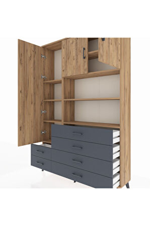 Arges Dolap 8 Raflı 6 Çekmeceli 3 Kapaklı 132x30x195 Çam-Çam/Antrasit