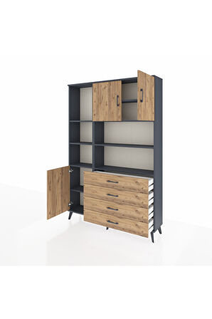Arges Dolap 8 Raflı 4 Çekmeceli 3 Kapaklı 132x30x195 Antrasit-Çam/Çam