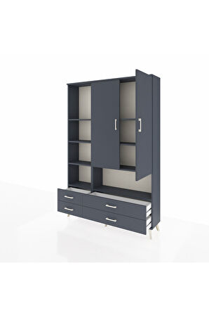 Arges Dolap 8 Raflı 4 Çekmeceli 2 Kapaklı 132x30x195 Antrasit-Antrasit/Antrasit