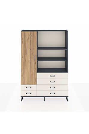 Arges Dolap 7 Raflı 6 Çekmeceli Tek Kapaklı  132x30x195 Antrasit-Çam/Aytaşı