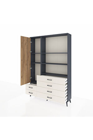 Arges Dolap 7 Raflı 6 Çekmeceli Tek Kapaklı  132x30x195 Antrasit-Çam/Aytaşı