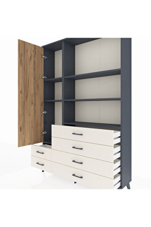 Arges Dolap 7 Raflı 6 Çekmeceli Tek Kapaklı  132x30x195 Antrasit-Çam/Aytaşı