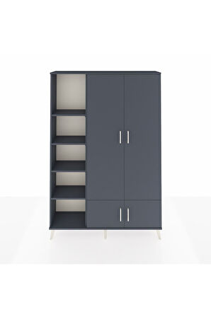 Arges Dolap 6 Raflı 4 Kapaklı Tek Askılı 132x30x195 Antrasit-Antrasit/Antrasit