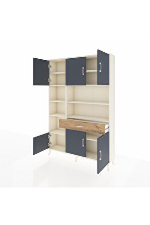 Arges Dolap 10 Raflı Tek Çekmeceli 6 Kapaklı 132x30x195 Aytaşı-Antrasit/Çam