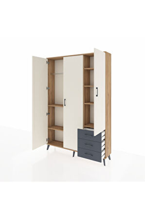 Arges Dolap 6 Raflı 3 Çekmeceli Tek Askılı 132x30x195 Çam-Aytaşı/Antrasit