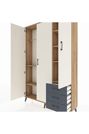 Arges Dolap 6 Raflı 3 Çekmeceli Tek Askılı 132x30x195 Çam-Aytaşı/Antrasit