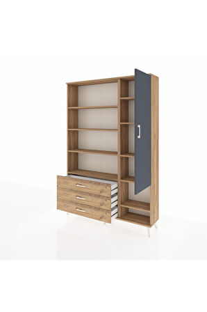 Arges Dolap 9 Raflı 3 Çekmeceli Tek Kapaklı  132x30x195 Çam-Antrasit/Çam