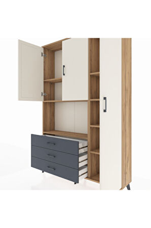 Arges Dolap 7 Raflı 3 Çekmeceli 3 Kapaklı 132x30x195 Çam-Aytaşı/Antrasit