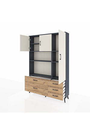 Arges Dolap 7 Raflı 5 Çekmeceli 3 Kapaklı 132x30x195 Antrasit-Aytaşı/Çam