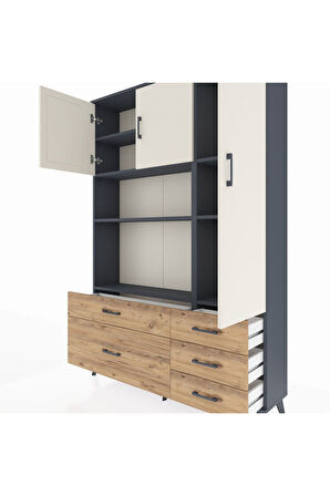 Arges Dolap 7 Raflı 5 Çekmeceli 3 Kapaklı 132x30x195 Antrasit-Aytaşı/Çam