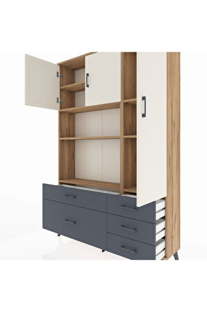 Arges Dolap 7 Raflı 5 Çekmeceli 3 Kapaklı 132x30x195 Çam-Aytaşı/Antrasit