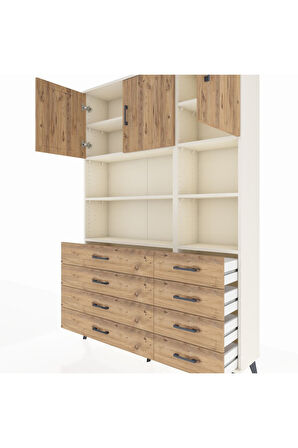 Arges Dolap 8 Raflı 8 Çekmeceli 3 Kapaklı 132x30x195 Aytaşı-Çam/Çam
