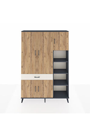 Arges Dolap 10 Raflı Tek Çekmeceli 5 Kapaklı 132x30x195 Antrasit-Çam/Aytaşı